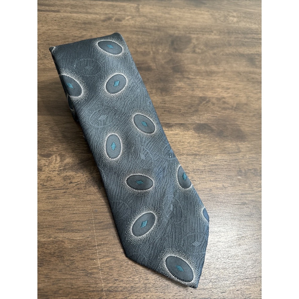 Vintage Etienne Aigner Mens Neck Tie Turquoise‎ Blue Gray Geometric